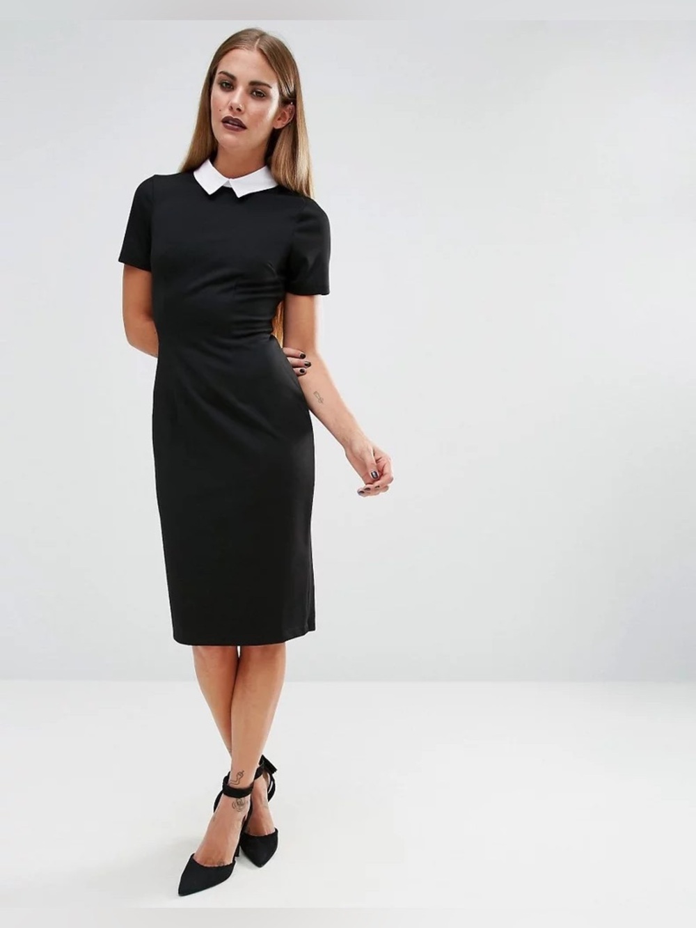 ASOS Black Midi Dress with White Collar Women’s Size 0